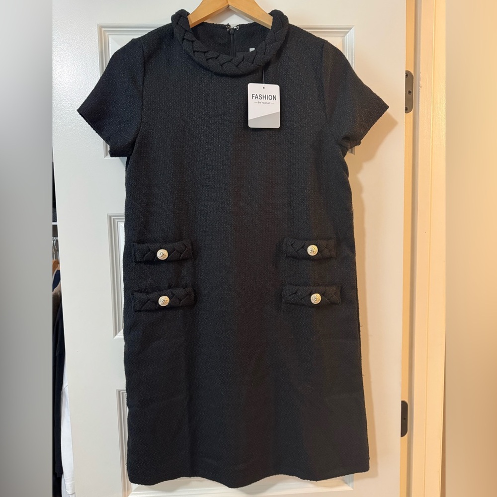 Black Short Sleeve Tweed Amazon Dress with Gold Button Accents